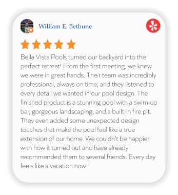 William E. Bethune Bella Vista Pools turned our backyard into the perfect retreat! From the first meeting, we knew we were in great hands. Their team was incredibly professional, always on time, and they listened to every detail we wanted in our pool design. The finished product is a stunning pool with a swim-up bar, gorgeous landscaping, and a built-in fire pit. They even added some unexpected design touches that make the pool feel like a true extension of our home. We couldn’t be happier with how it turned out and have already recommended them to several friends. Every day feels like a vacation now!