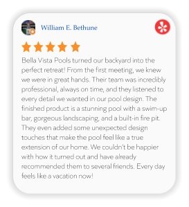 William E. Bethune Bella Vista Pools turned our backyard into the perfect retreat! From the first meeting, we knew we were in great hands. Their team was incredibly professional, always on time, and they listened to every detail we wanted in our pool design. The finished product is a stunning pool with a swim-up bar, gorgeous landscaping, and a built-in fire pit. They even added some unexpected design touches that make the pool feel like a true extension of our home. We couldn’t be happier with how it turned out and have already recommended them to several friends. Every day feels like a vacation now!
